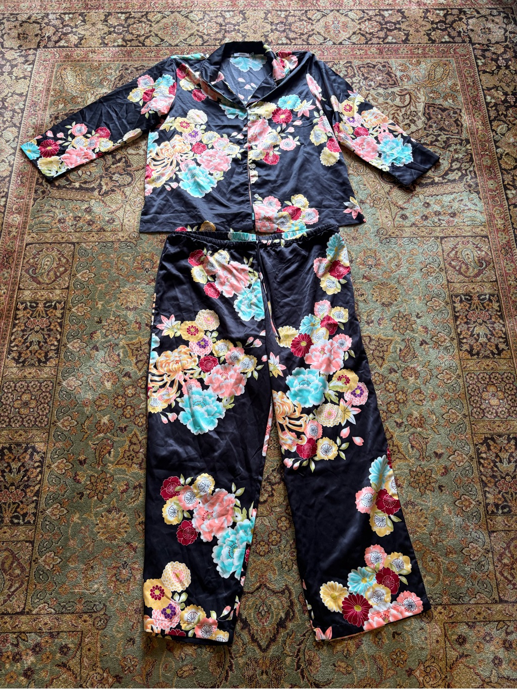 Natori Satin Black Floral Pajama Set